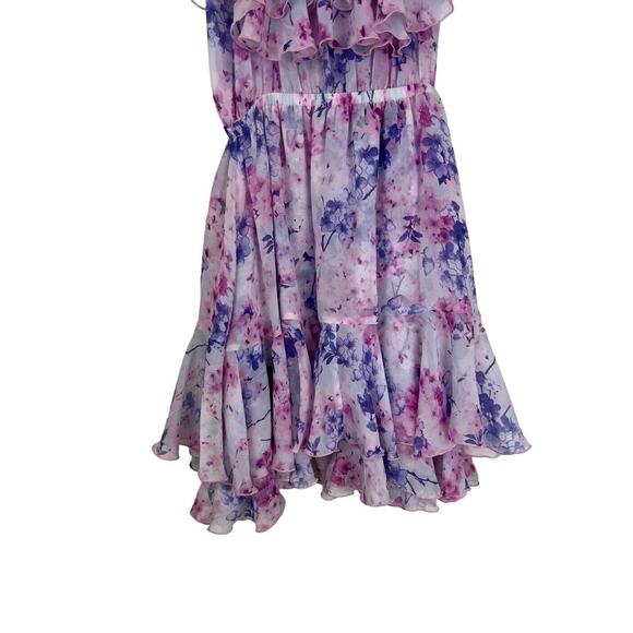 Cari Capri Floral Print Barbados Mini Dress Size XS Ruffle Purple Off Shoulder - Picture 4 of 9